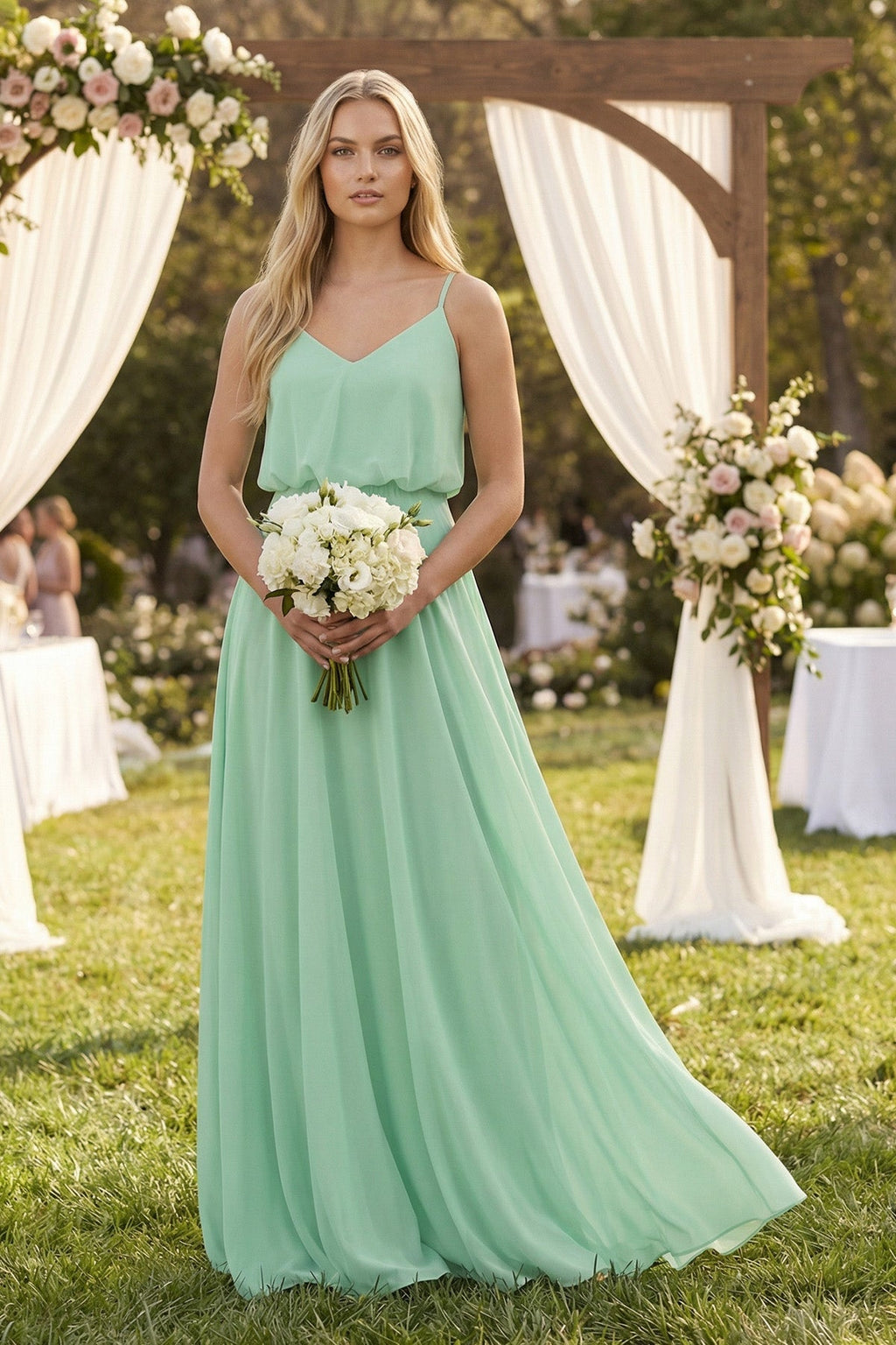 V-Neck Blouson A-Line Chiffon Mother of the Bride Dress in Pale Pistachio - Curvevia