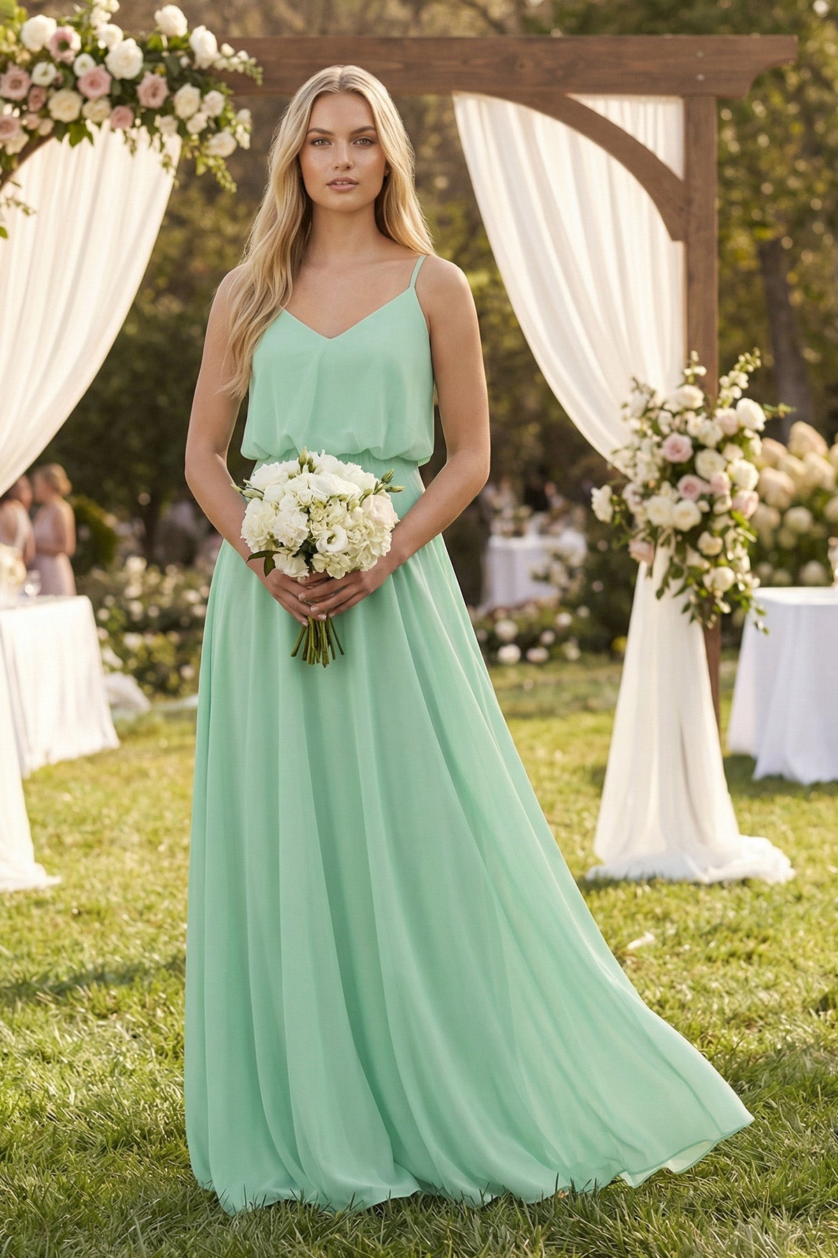 V-Neck Blouson A-Line Chiffon Mother of the Bride Dress in Pale Pistachio - Curvevia