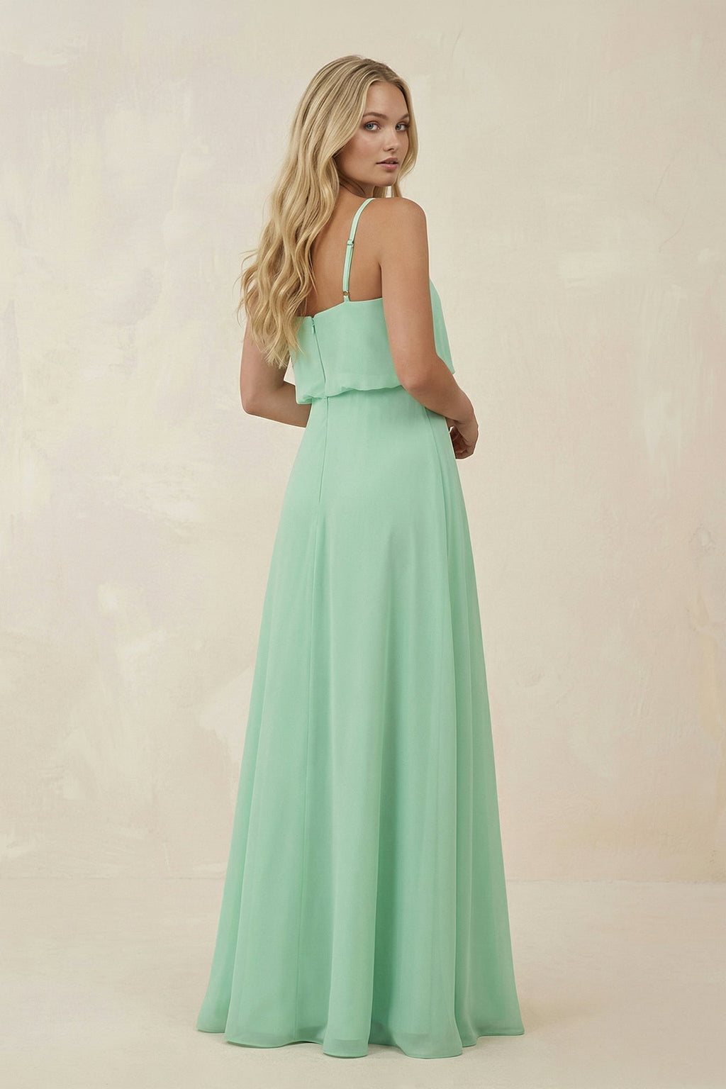 V-Neck Blouson A-Line Chiffon Mother of the Bride Dress in Pale Pistachio - Curvevia