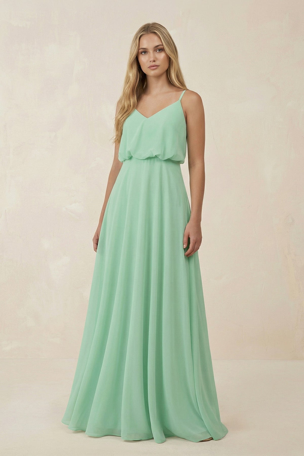 V-Neck Blouson A-Line Chiffon Mother of the Bride Dress in Pale Pistachio - Curvevia