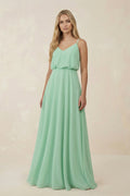 V-Neck Blouson A-Line Chiffon Mother of the Bride Dress in Pale Pistachio - Curvevia