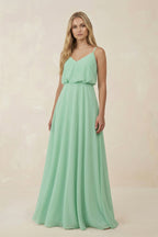 V-Neck Blouson A-Line Chiffon Mother of the Bride Dress in Pale Pistachio - Curvevia
