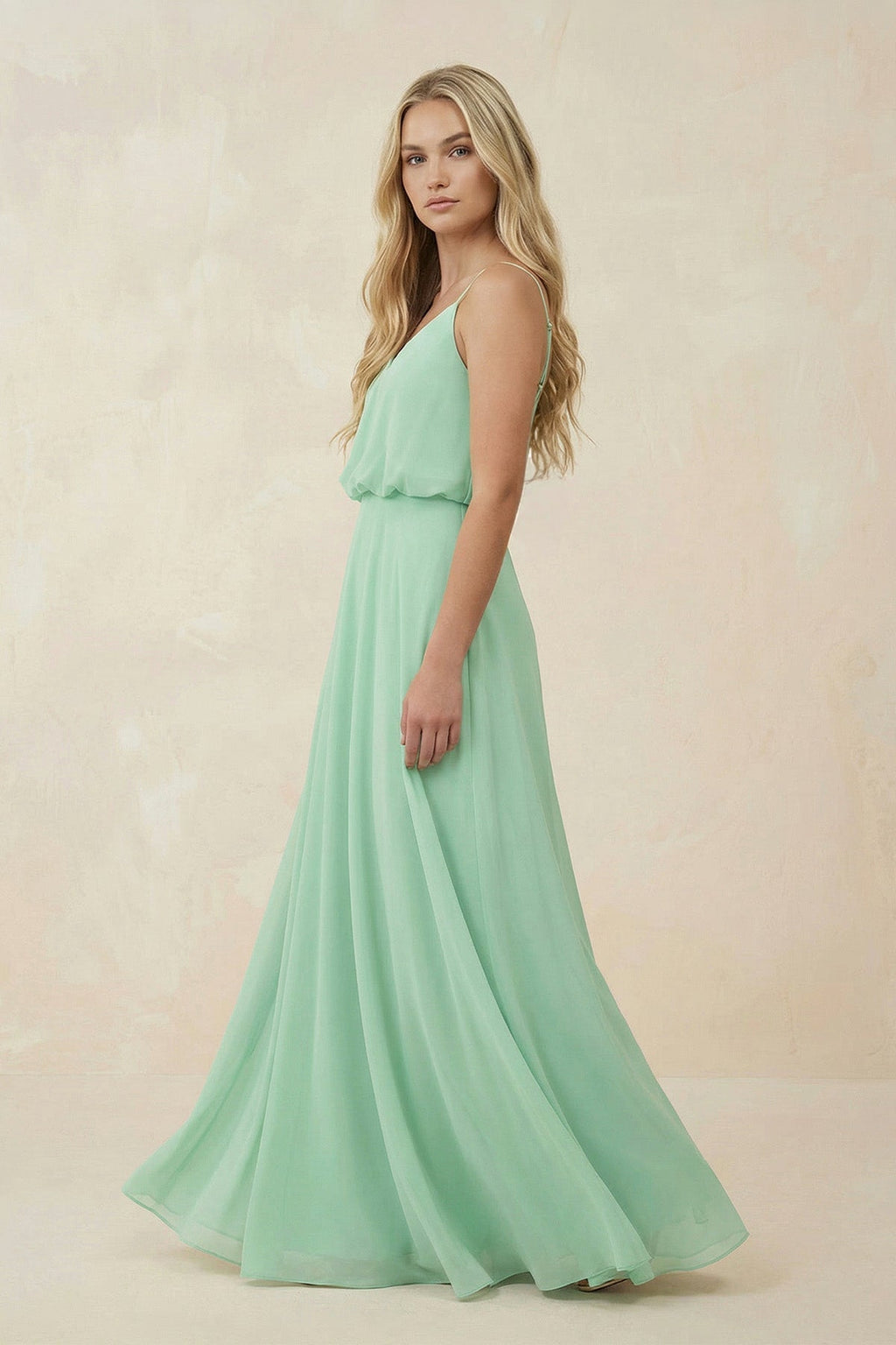 V-Neck Blouson A-Line Chiffon Mother of the Bride Dress in Pale Pistachio - Curvevia