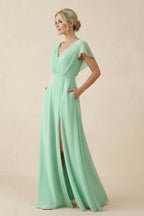 V-Neck Cap Sleeve Chiffon Bridesmaid Dress with Cut-out Back in Pale Pistachio - Curvevia