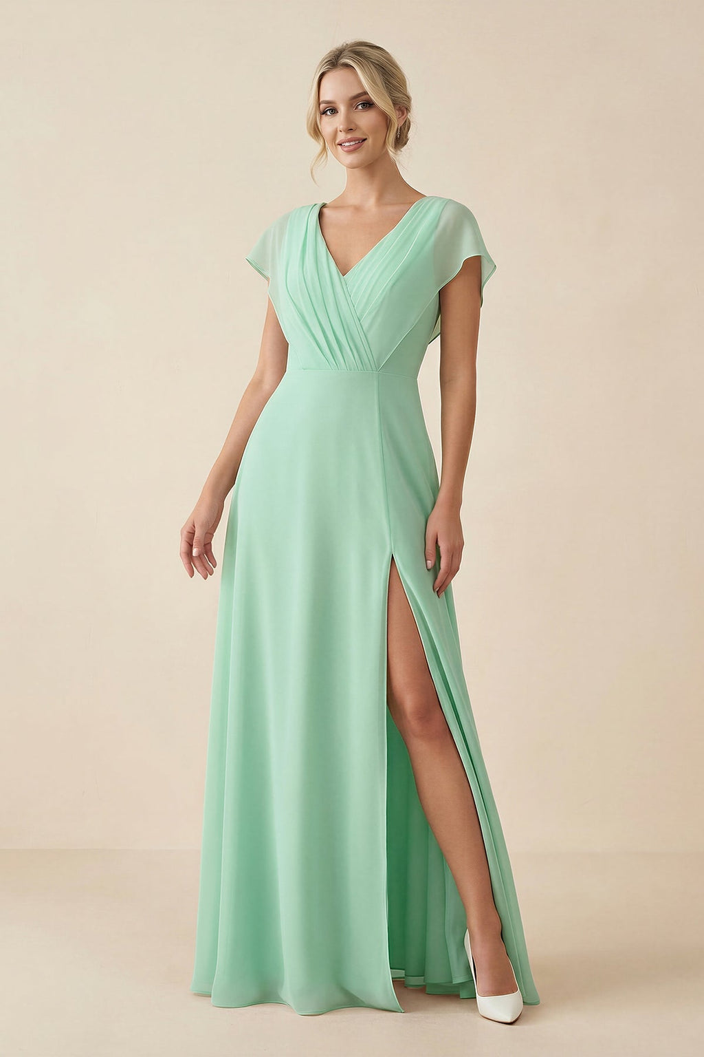 V-Neck Cap Sleeve Chiffon Bridesmaid Dress with Cut-out Back in Pale Pistachio - Curvevia