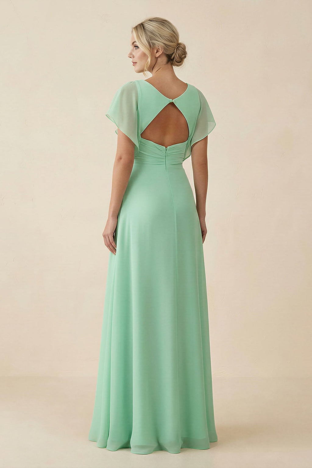V-Neck Cap Sleeve Chiffon Bridesmaid Dress with Cut-out Back in Pale Pistachio - Curvevia