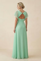 V-Neck Cap Sleeve Chiffon Bridesmaid Dress with Cut-out Back in Pale Pistachio - Curvevia