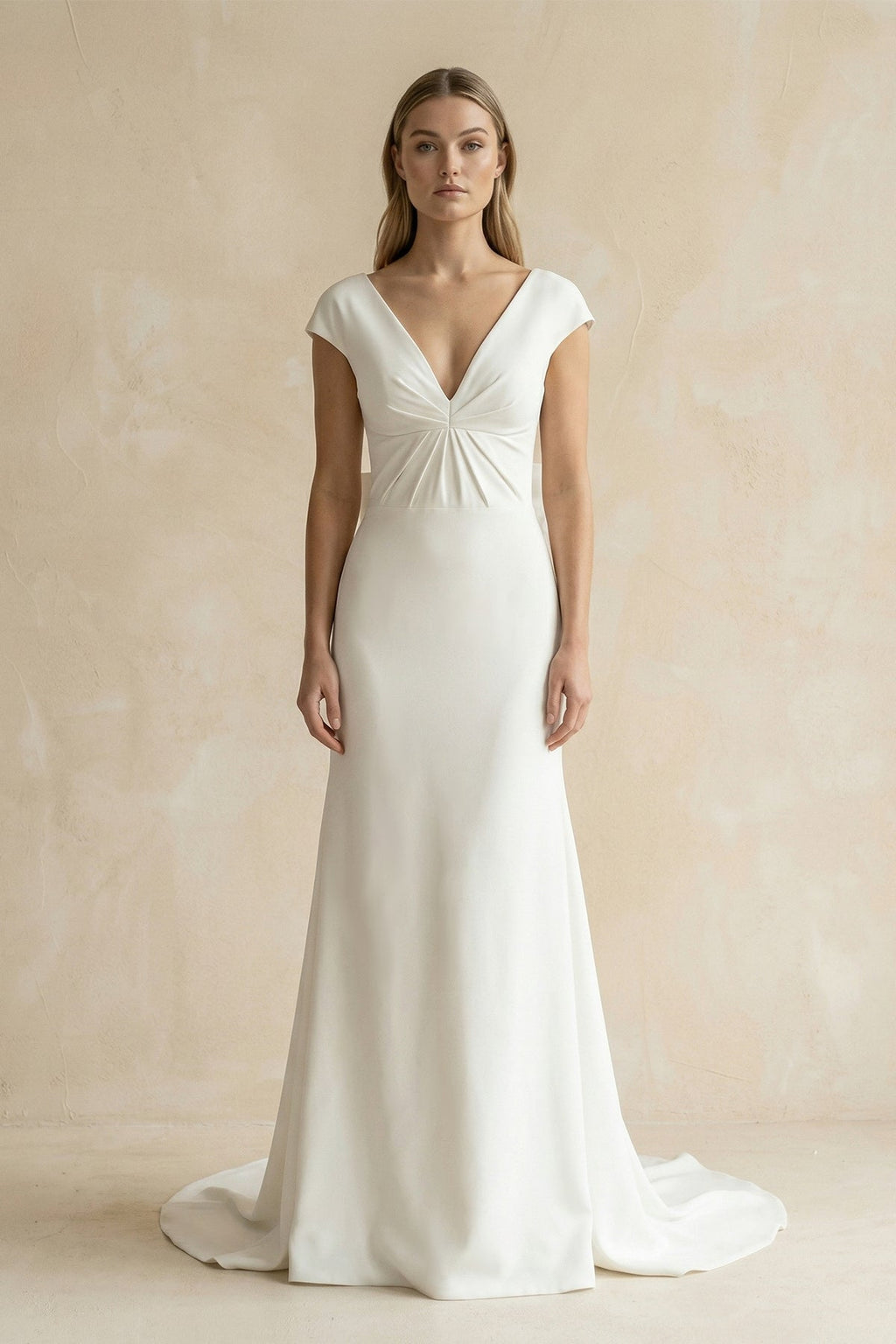 V-Neck Cap Sleeve Mermaid Ruched Satin Wedding Dress in White - Curvevia