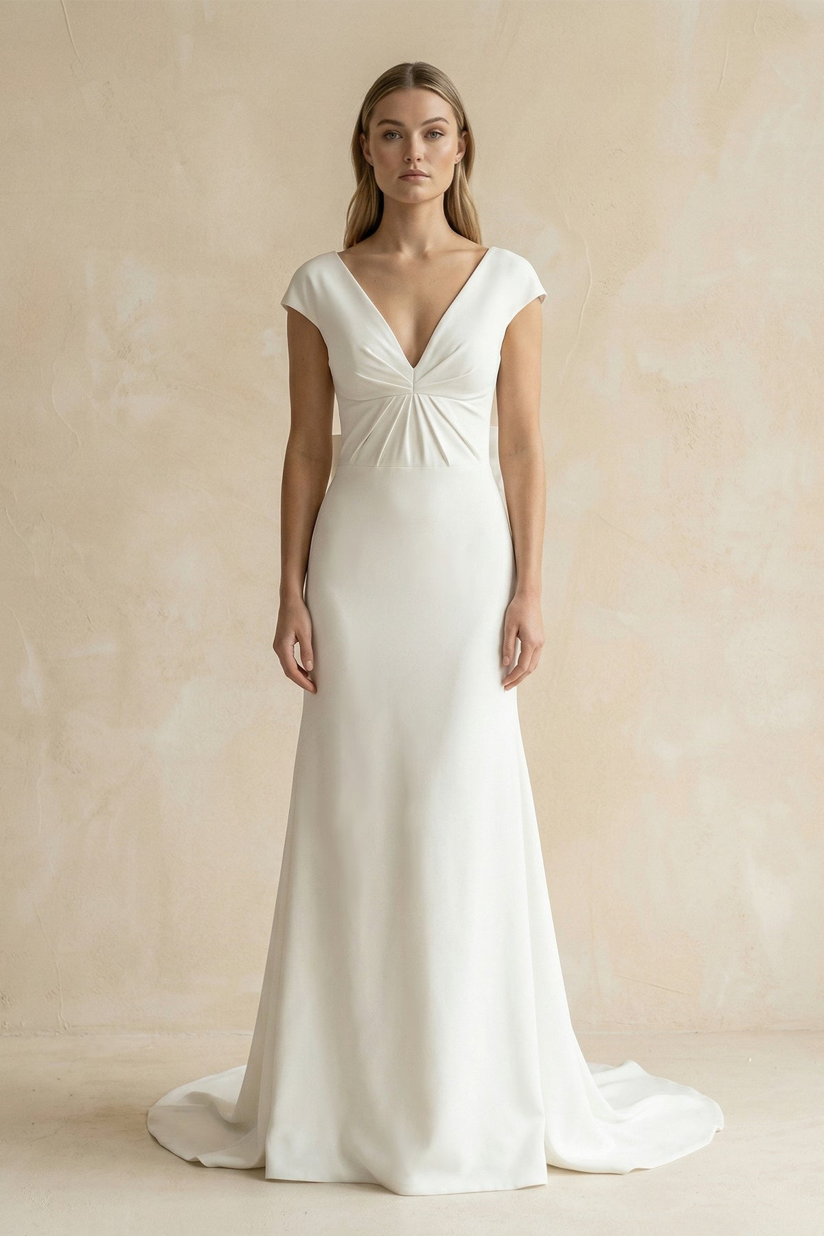 V-Neck Cap Sleeve Mermaid Ruched Satin Wedding Dress in White - Curvevia