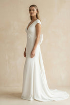 V-Neck Cap Sleeve Mermaid Ruched Satin Wedding Dress in White - Curvevia