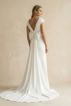 V-Neck Cap Sleeve Mermaid Ruched Satin Wedding Dress in White - Curvevia