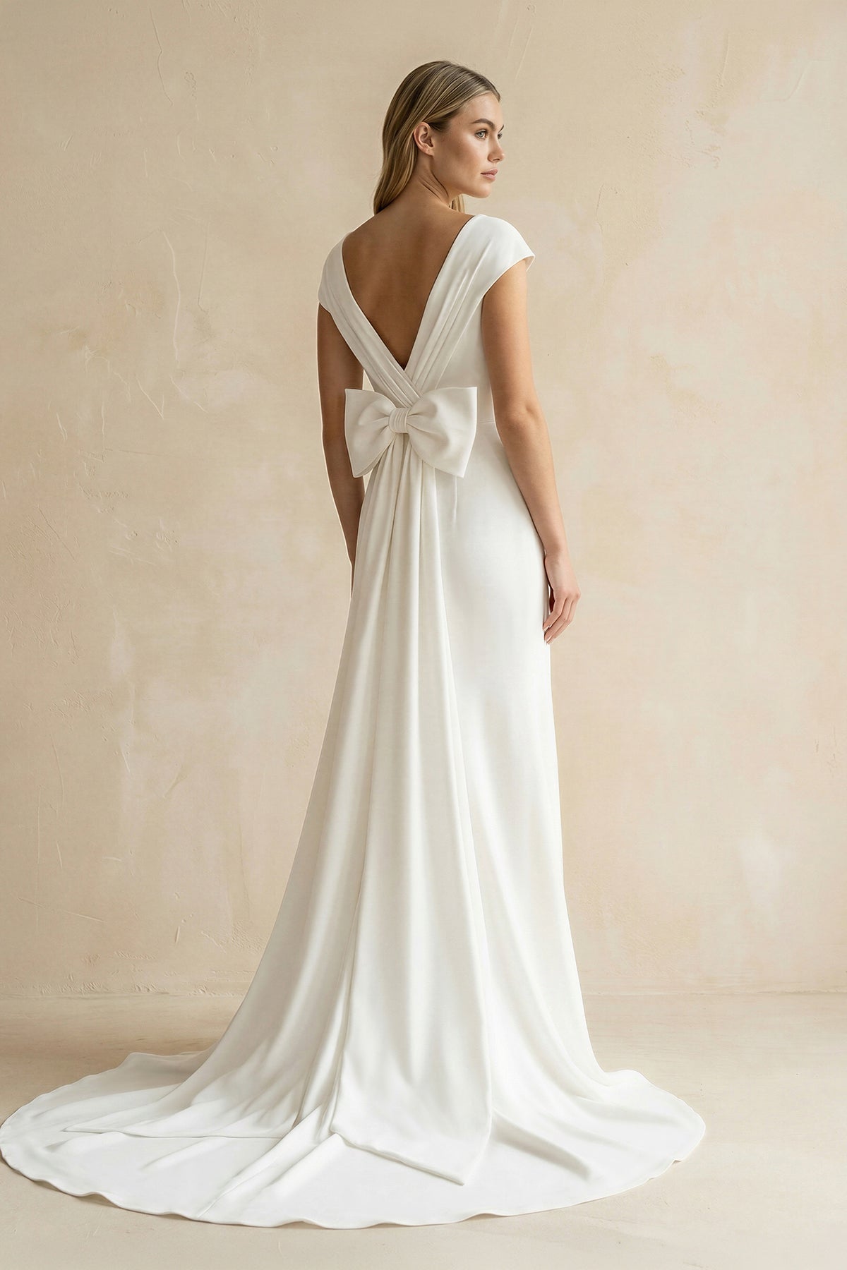 V-Neck Cap Sleeve Mermaid Ruched Satin Wedding Dress in White - Curvevia