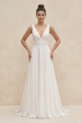 V-Neck Chiffon A-Line Appliqued Wedding Dress in White - Curvevia