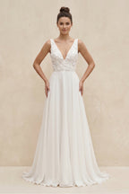V-Neck Chiffon A-Line Appliqued Wedding Dress in White - Curvevia