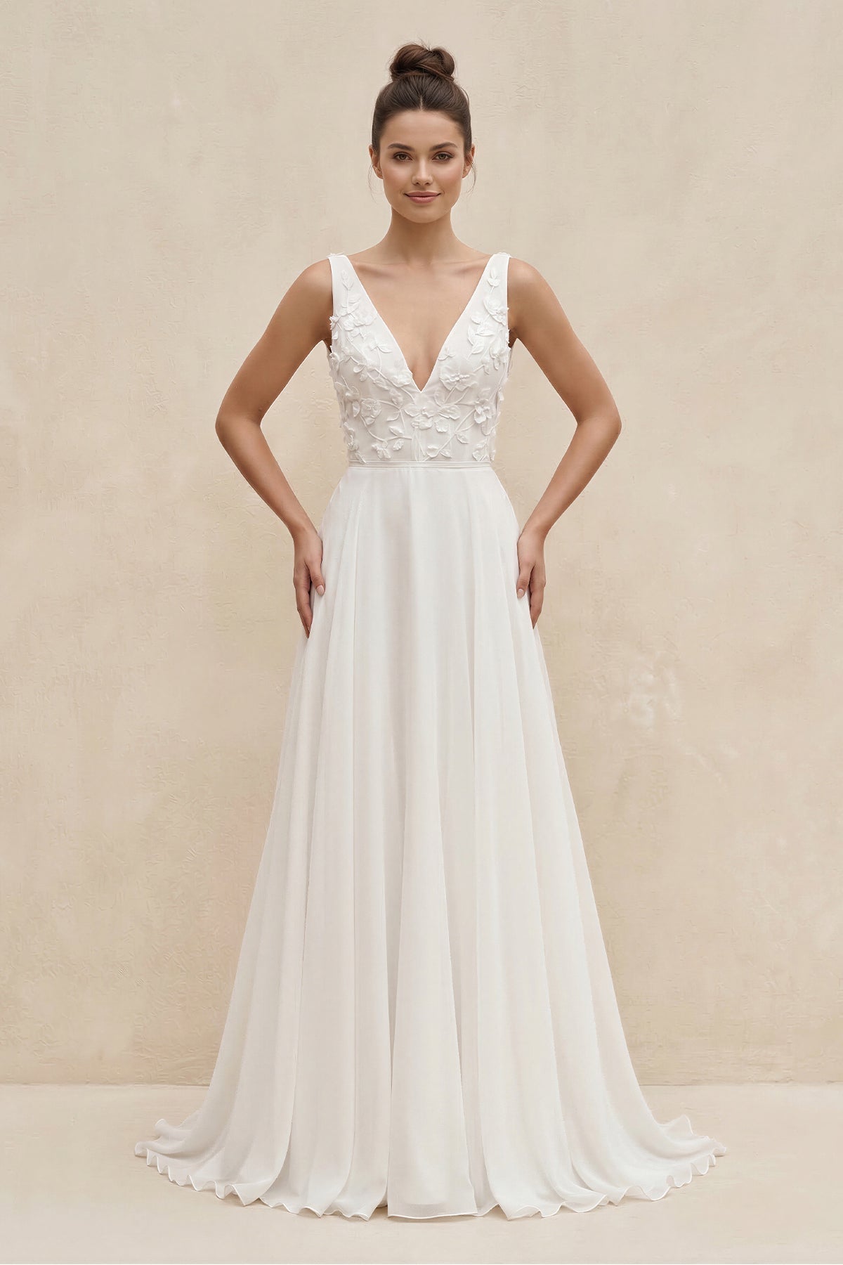 V-Neck Chiffon A-Line Appliqued Wedding Dress in White - Curvevia