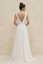 V-Neck Chiffon A-Line Appliqued Wedding Dress in White - Curvevia