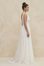 V-Neck Chiffon A-Line Appliqued Wedding Dress in White - Curvevia