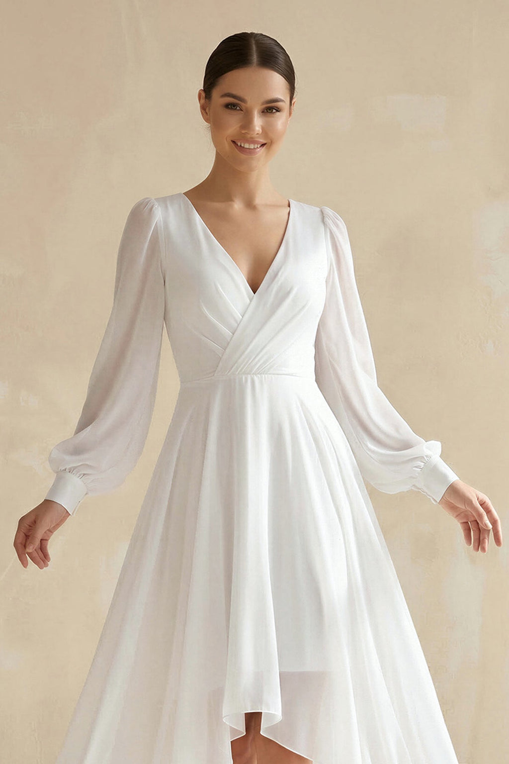 A-Line V-Neck Long Sleeves Elegant Casual Asymmetrical Chiffon Wedding Dress with Zipper Back - Curvevia