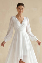 A-Line V-Neck Long Sleeves Elegant Casual Asymmetrical Chiffon Wedding Dress with Zipper Back - Curvevia
