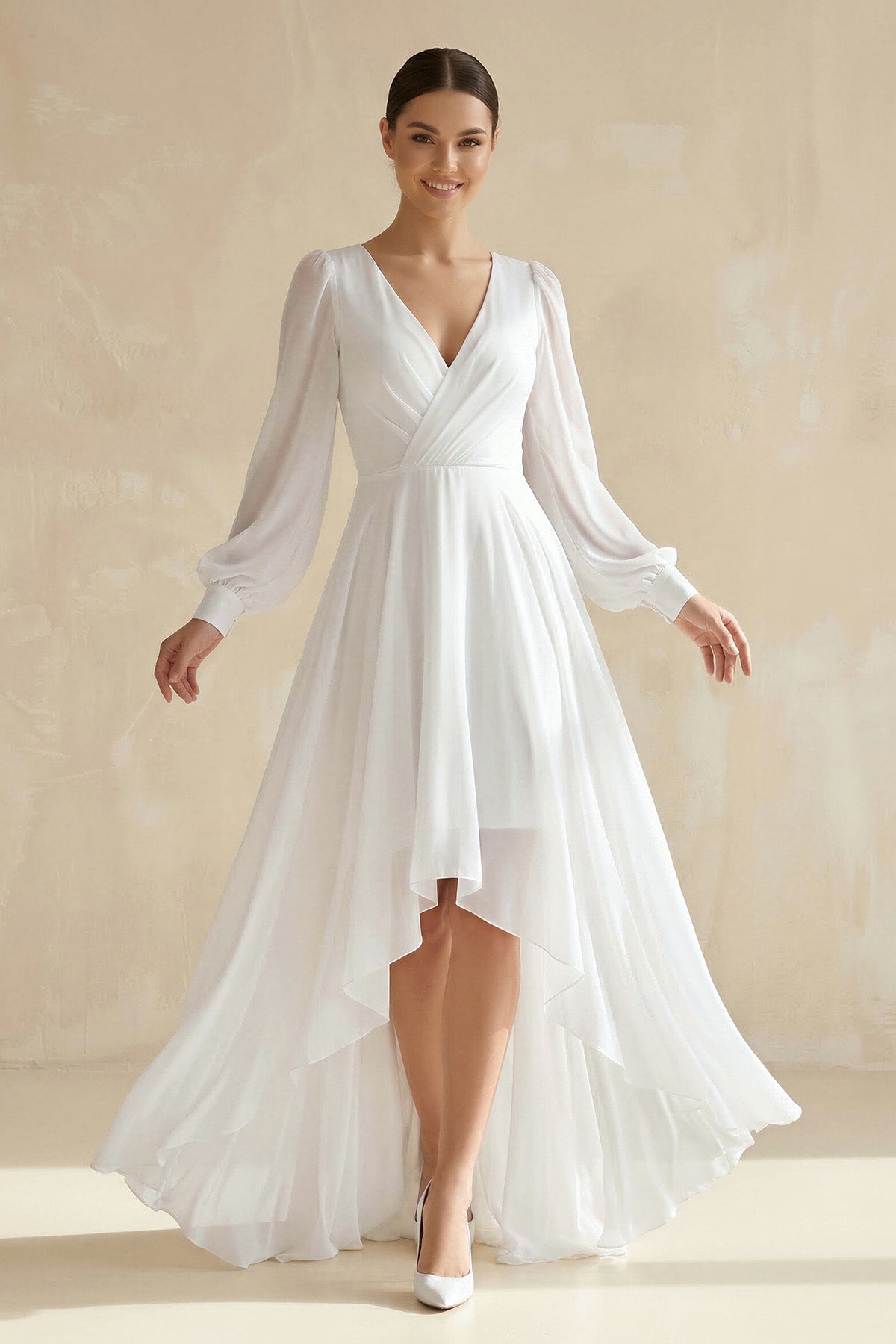 A-Line V-Neck Long Sleeves Elegant Casual Asymmetrical Chiffon Wedding Dress with Zipper Back - Curvevia