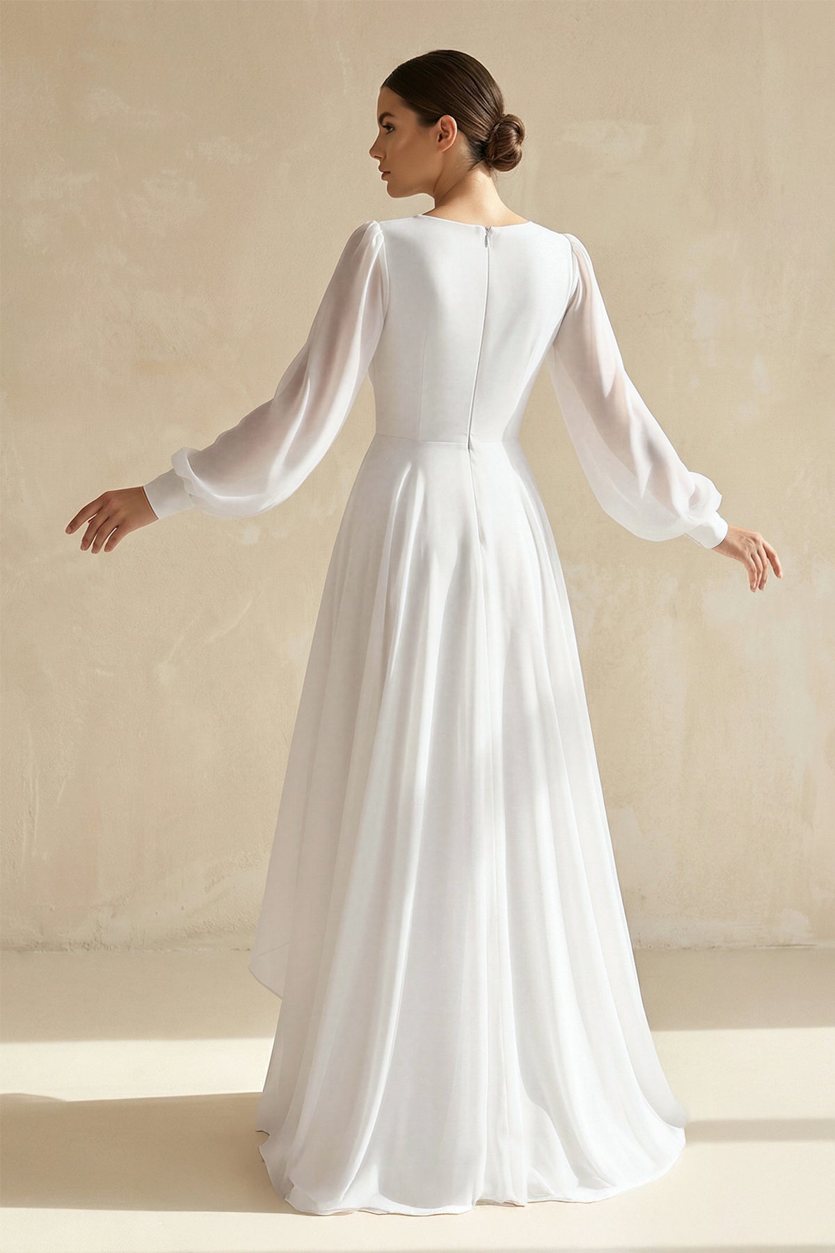 A-Line V-Neck Long Sleeves Elegant Casual Asymmetrical Chiffon Wedding Dress with Zipper Back - Curvevia