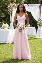 V-Neck Chiffon A-Line Cut-Out Bridesmaid Dress in Candy Pink - Curvevia
