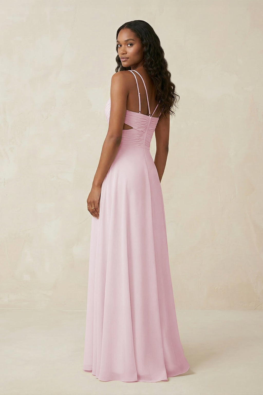 V-Neck Chiffon A-Line Cut-Out Bridesmaid Dress in Candy Pink - Curvevia