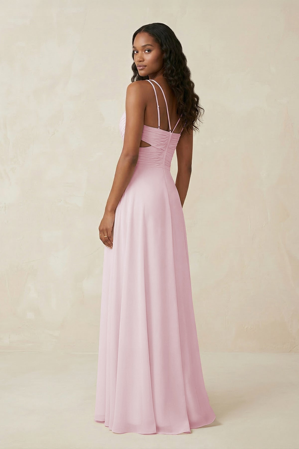 V-Neck Chiffon A-Line Cut-Out Bridesmaid Dress in Candy Pink - Curvevia
