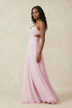 V-Neck Chiffon A-Line Cut-Out Bridesmaid Dress in Candy Pink - Curvevia