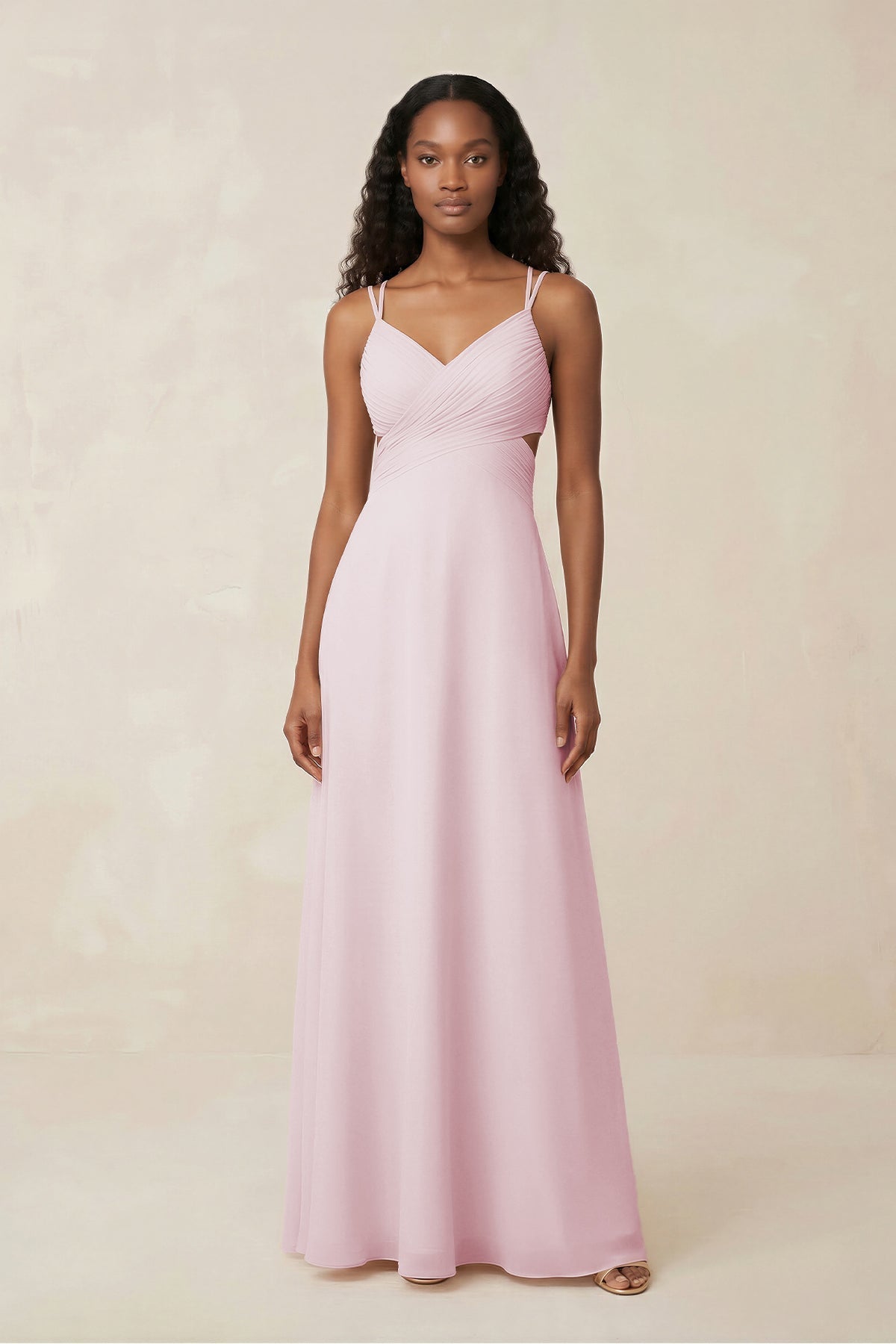 V-Neck Chiffon A-Line Cut-Out Bridesmaid Dress in Candy Pink - Curvevia