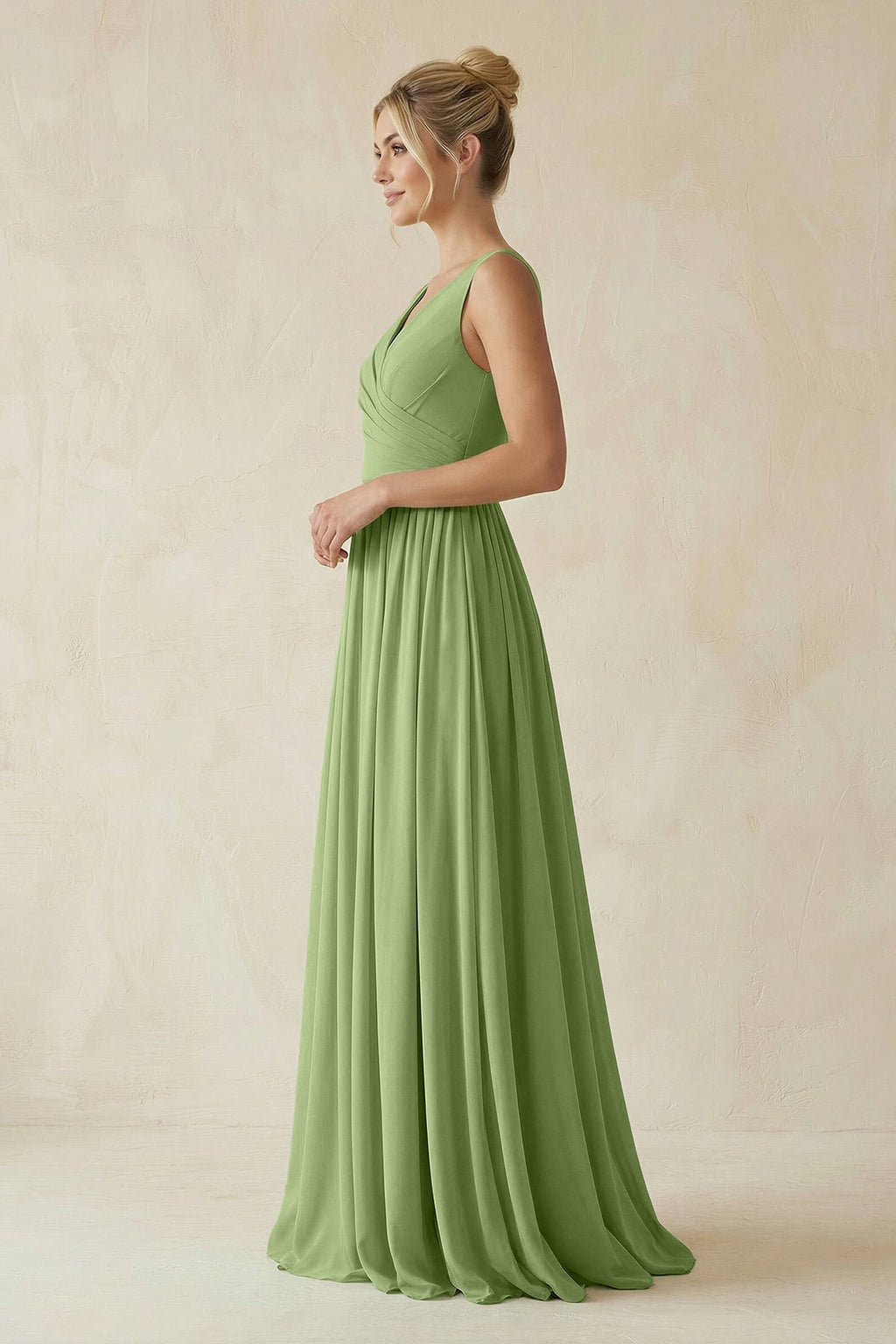 V-Neck Chiffon A-Line Long Bridesmaid Dress in Matcha - Curvevia