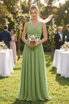 V-Neck Chiffon A-Line Long Bridesmaid Dress in Matcha - Curvevia