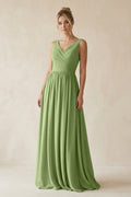 V-Neck Chiffon A-Line Long Bridesmaid Dress in Matcha - Curvevia