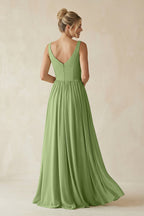 V-Neck Chiffon A-Line Long Bridesmaid Dress in Matcha - Curvevia