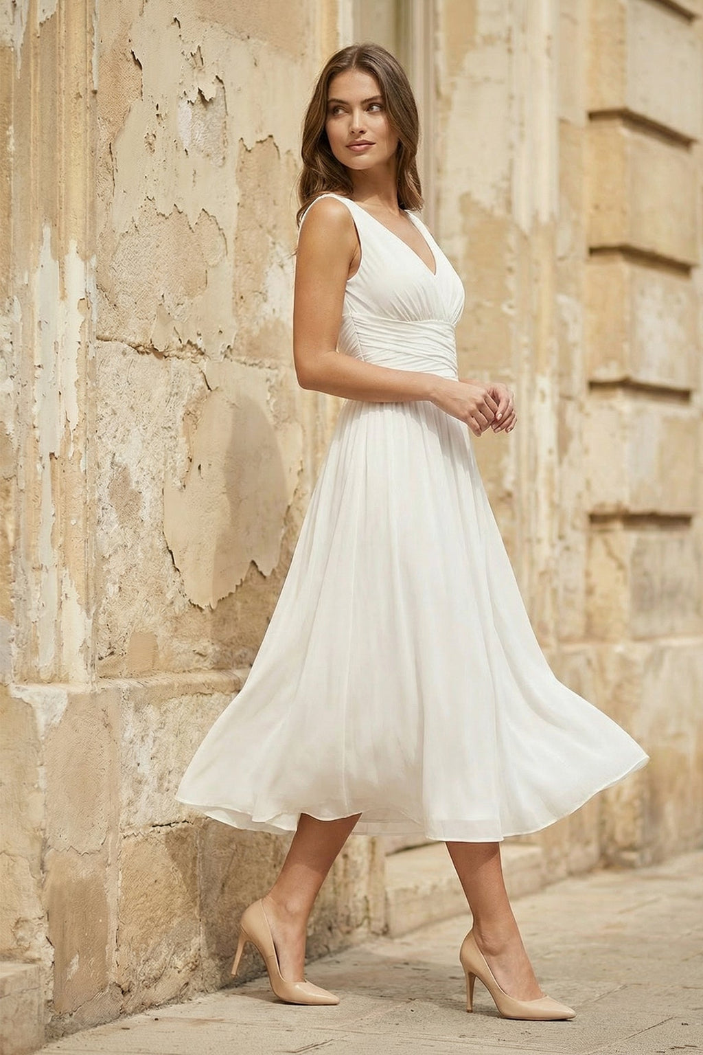V-Neck Sleeveless Tea-Length Chiffon Wedding Dress With Ruching And Low-V Back - Curvevia