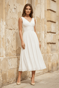 V-Neck Sleeveless Tea-Length Chiffon Wedding Dress With Ruching And Low-V Back - Curvevia