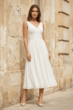 V-Neck Sleeveless Tea-Length Chiffon Wedding Dress With Ruching And Low-V Back - Curvevia