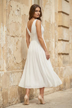 V-Neck Sleeveless Tea-Length Chiffon Wedding Dress With Ruching And Low-V Back - Curvevia