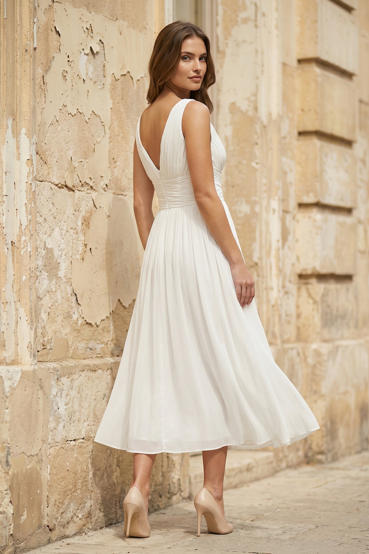 V-Neck Sleeveless Tea-Length Chiffon Wedding Dress With Ruching And Low-V Back - Curvevia