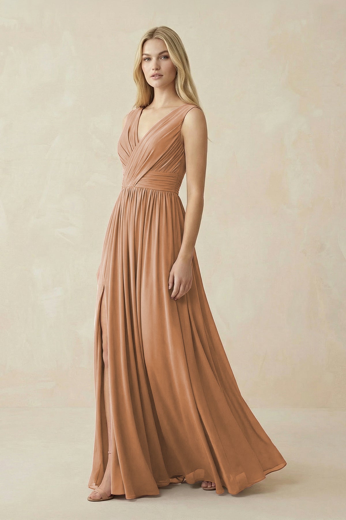V-Neck Chiffon Pleated A-Line Bridesmaid Dress in Bronzer - Curvevia