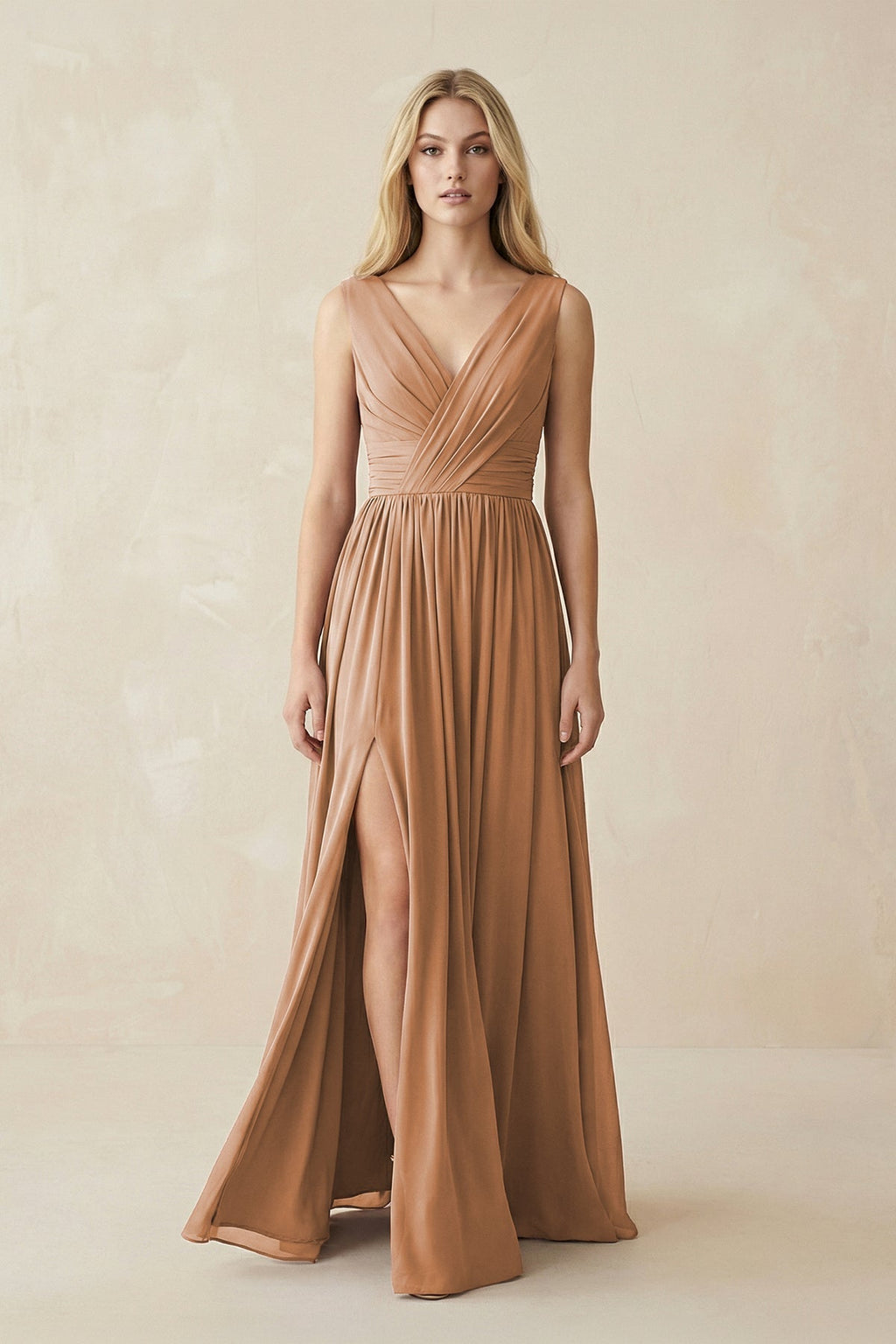 V-Neck Chiffon Pleated A-Line Bridesmaid Dress in Bronzer - Curvevia