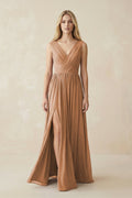 V-Neck Chiffon Pleated A-Line Bridesmaid Dress in Bronzer - Curvevia