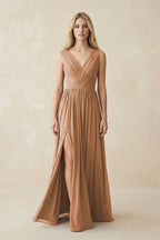 V-Neck Chiffon Pleated A-Line Bridesmaid Dress in Bronzer - Curvevia