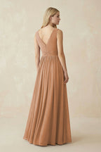 V-Neck Chiffon Pleated A-Line Bridesmaid Dress in Bronzer - Curvevia