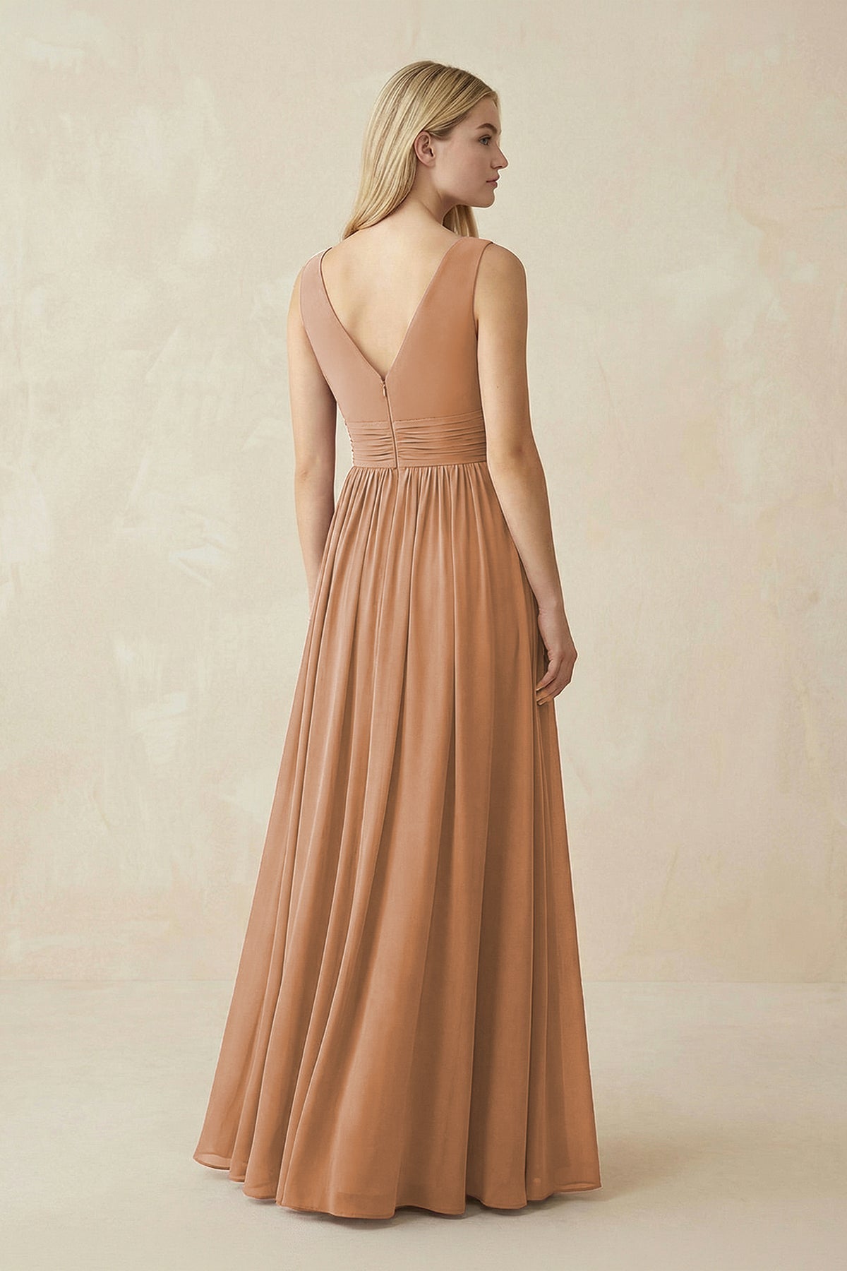 V-Neck Chiffon Pleated A-Line Bridesmaid Dress in Bronzer - Curvevia