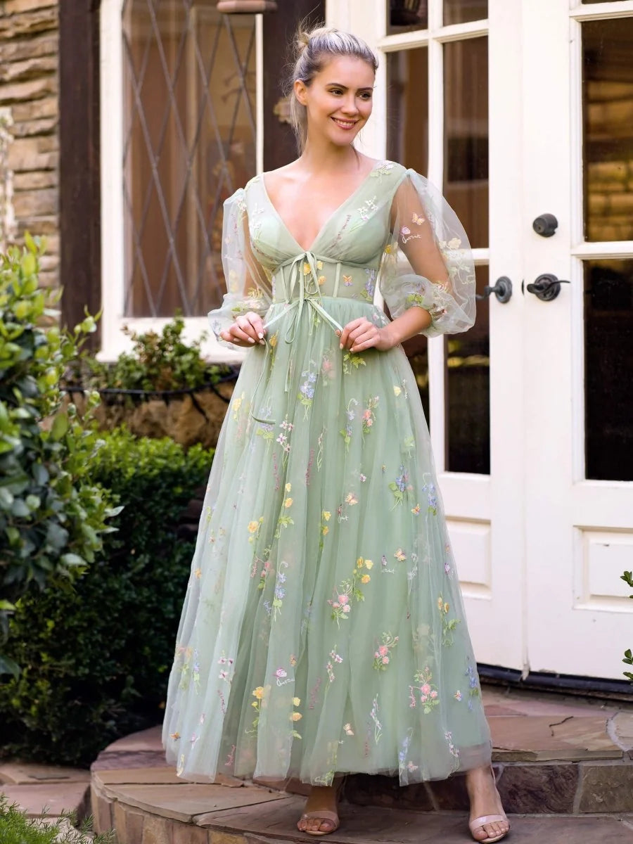 V-neck Embroidery Ankle Length Tulle Corset Floral Wedding Guest Dress - Curvevia