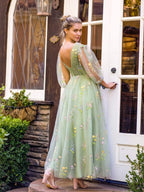 V-neck Embroidery Ankle Length Tulle Corset Floral Wedding Guest Dress - Curvevia