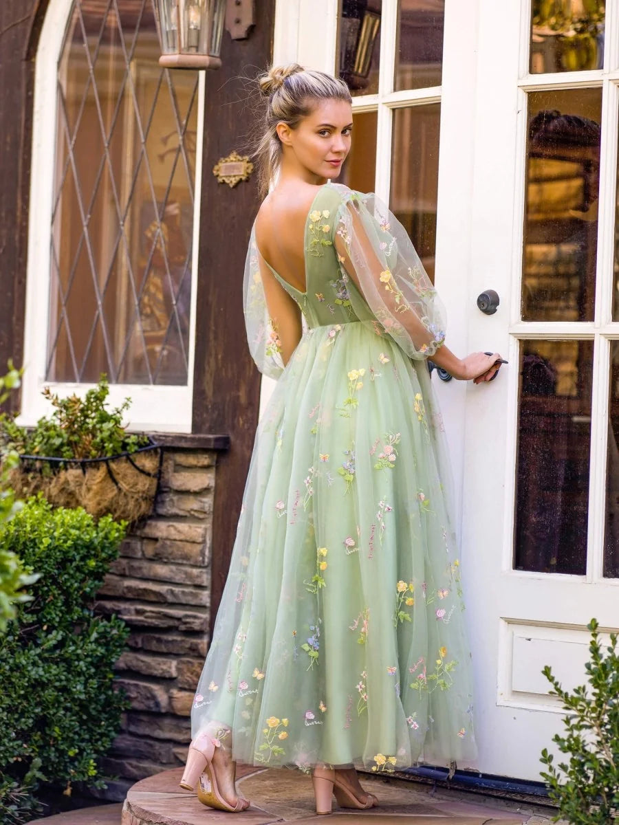 V-neck Embroidery Ankle Length Tulle Corset Floral Wedding Guest Dress - Curvevia