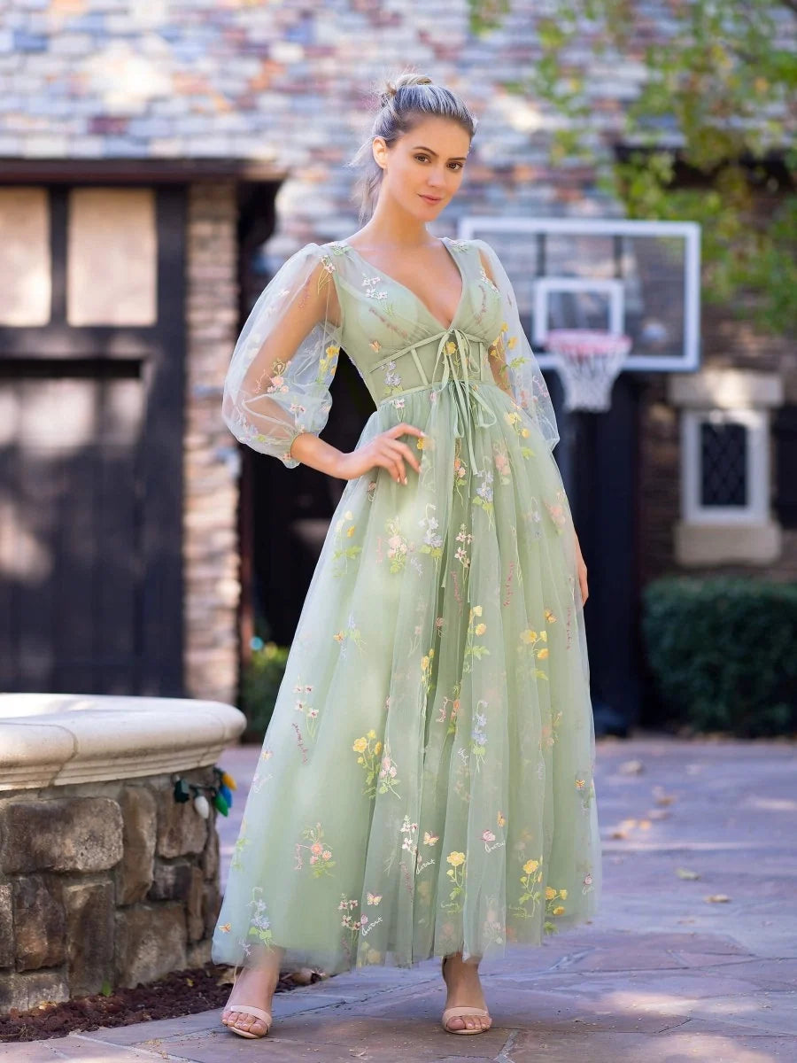 V-neck Embroidery Ankle Length Tulle Corset Floral Wedding Guest Dress - Curvevia