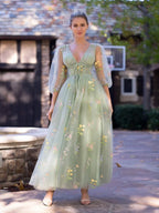 V-neck Embroidery Ankle Length Tulle Corset Floral Wedding Guest Dress - Curvevia
